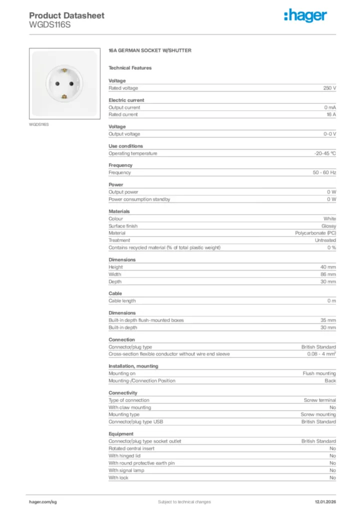 Image Hager Product data sheet WGDS116S  | Hager