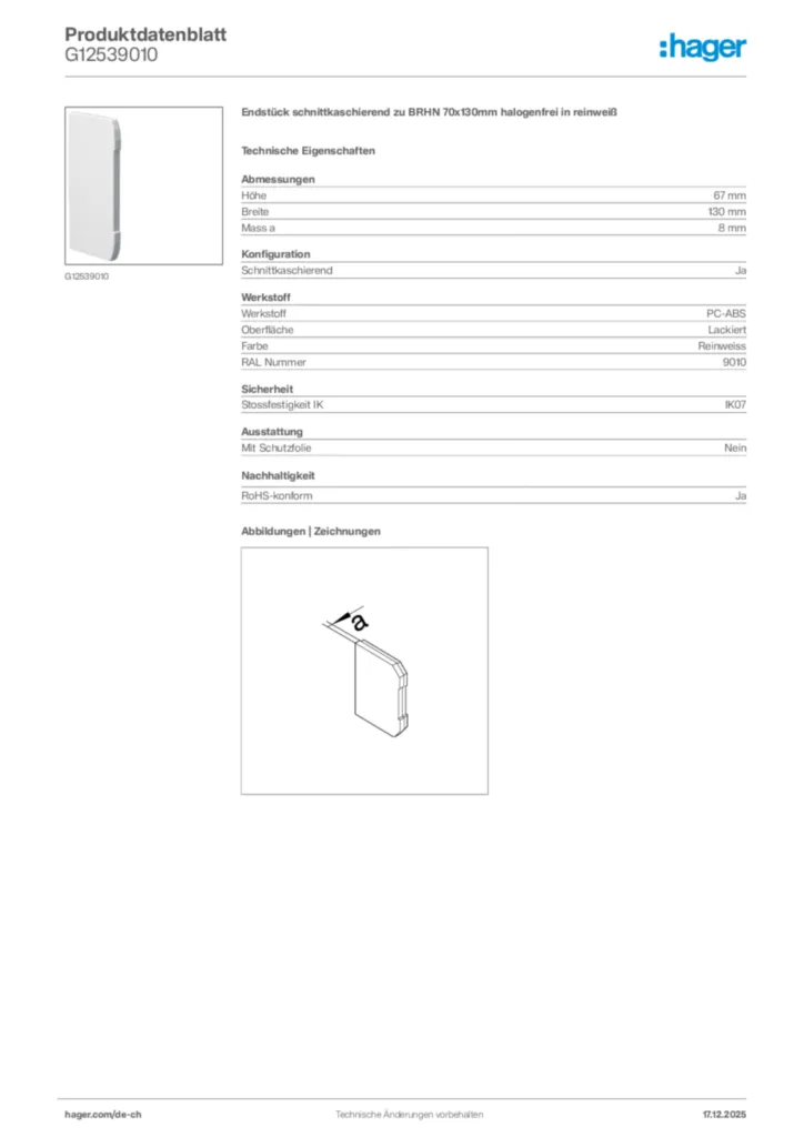 Bild Hager Produktdatenblatt G12539010 | Hager Schweiz