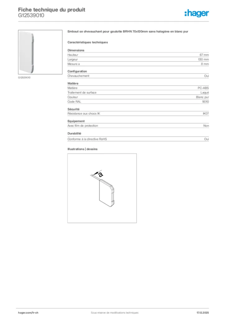 Image Hager Fiche technique du produit G12539010 | Hager Suisse