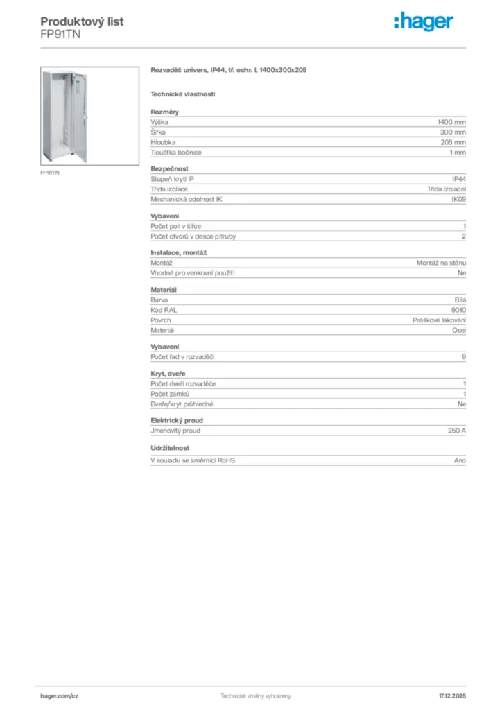 Obrázek Hager Produktový list FP91TN | Hager