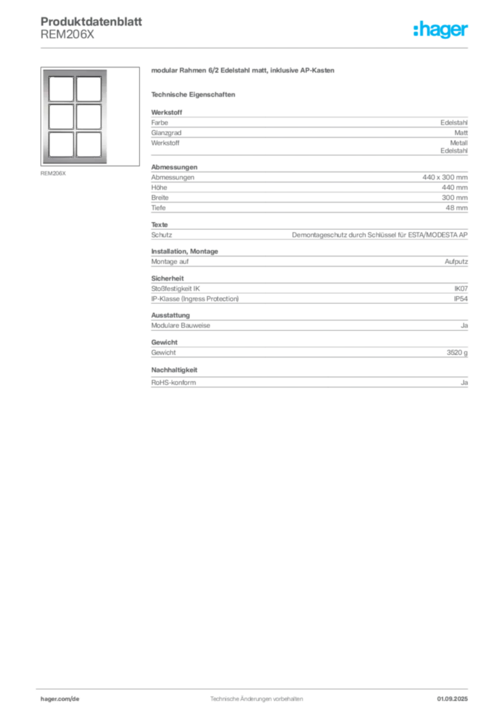 Hager Produktdatenblatt REM206X