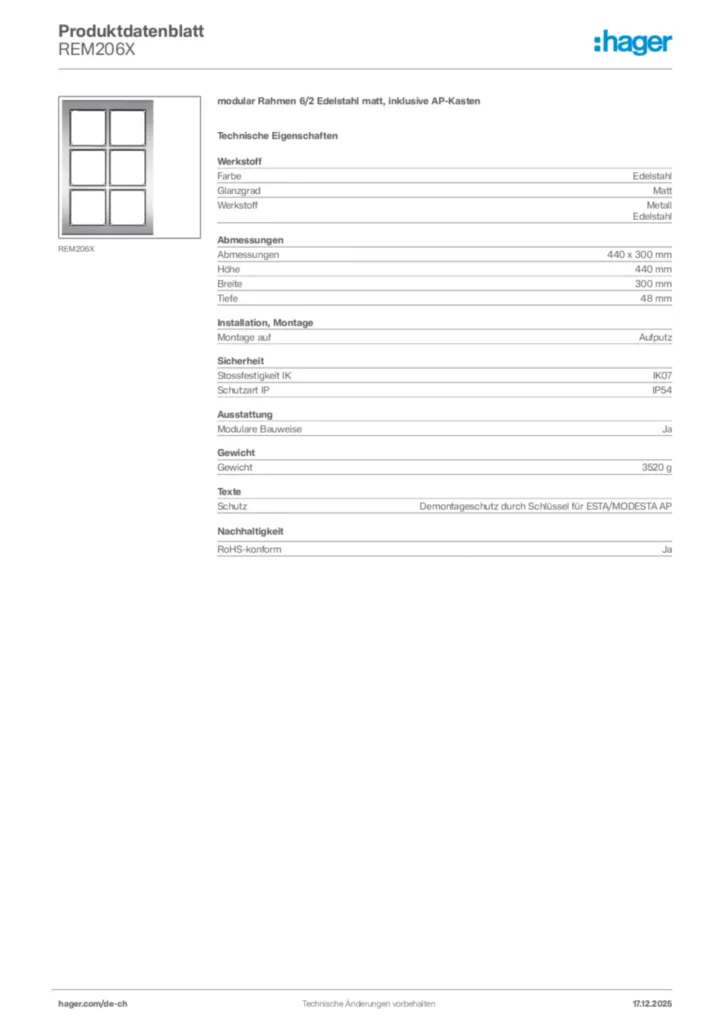 Bild Hager Produktdatenblatt REM206X | Hager Schweiz