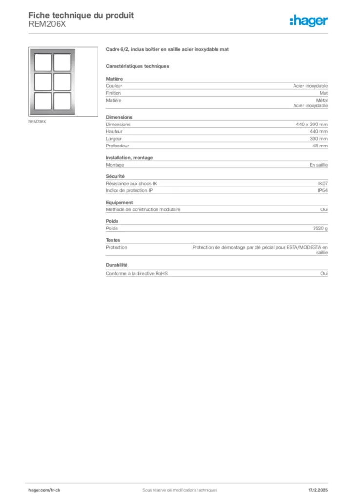 Image Hager Fiche technique du produit REM206X | Hager Suisse