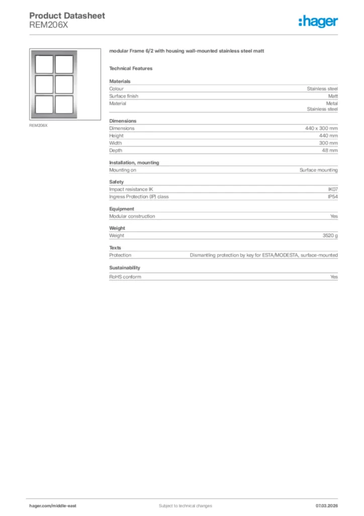Image Hager Product data sheet REM206X  | Hager