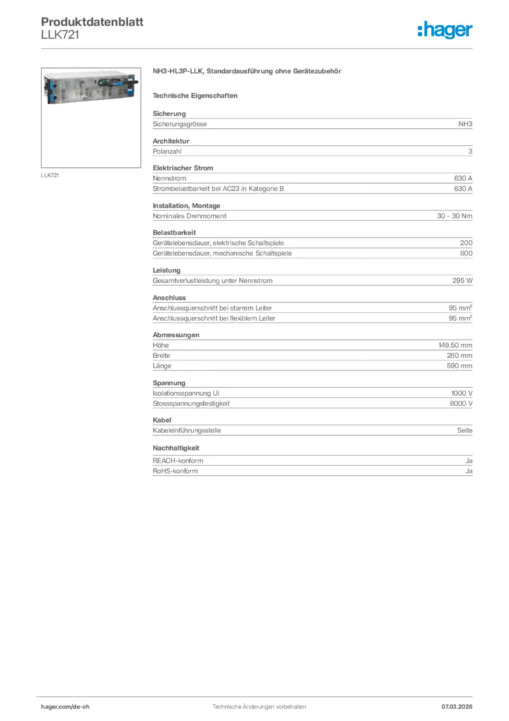 Bild Hager Produktdatenblatt LLK721 | Hager Schweiz