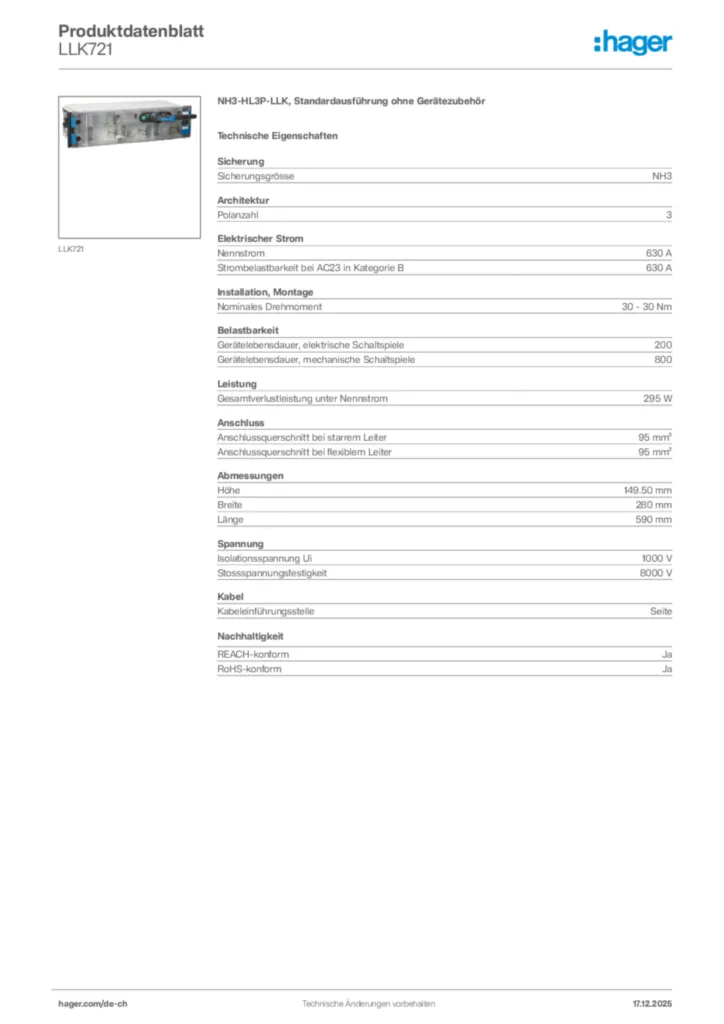 Bild Hager Produktdatenblatt LLK721 | Hager Schweiz