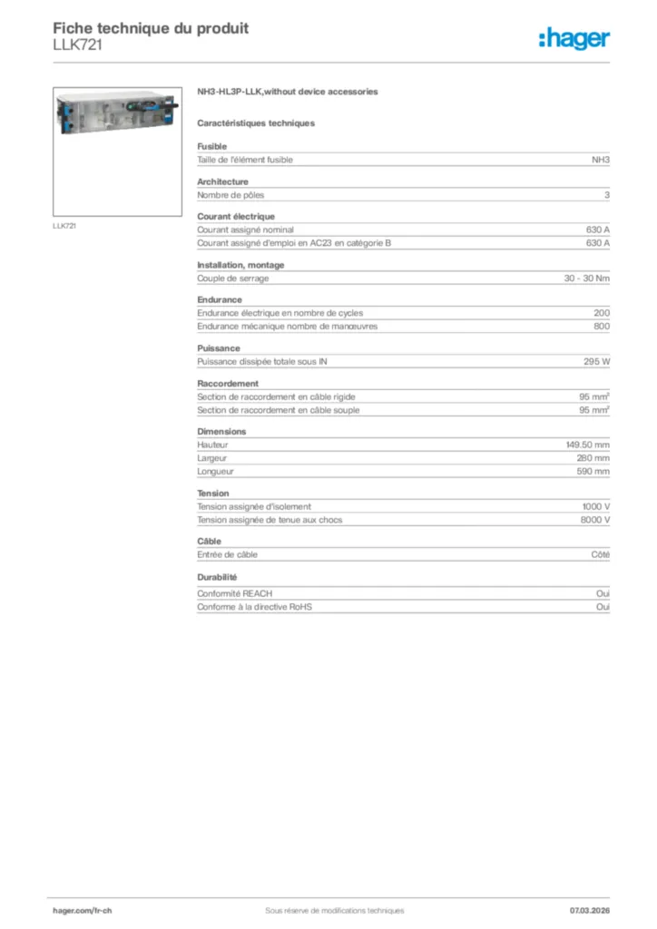 Image Hager Fiche technique du produit LLK721 | Hager Suisse
