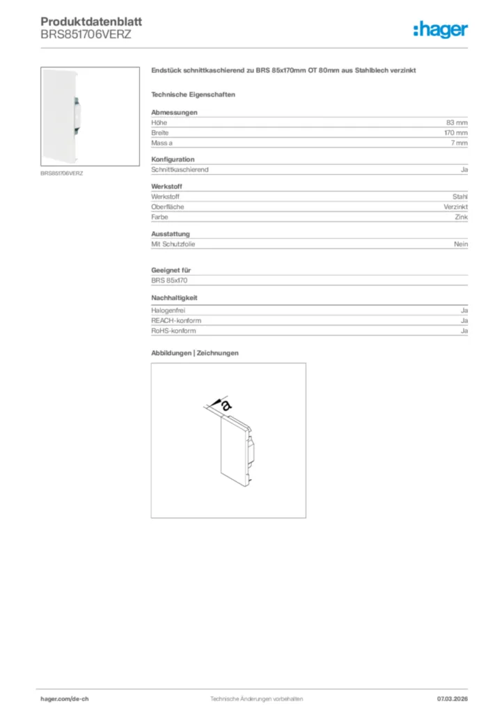Bild Hager Produktdatenblatt BRS851706VERZ | Hager Schweiz