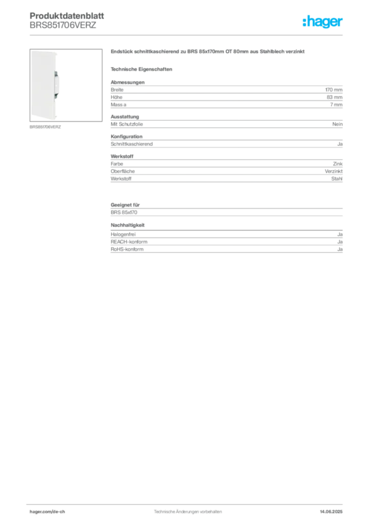Bild Hager Produktdatenblatt BRS851706VERZ | Hager Schweiz