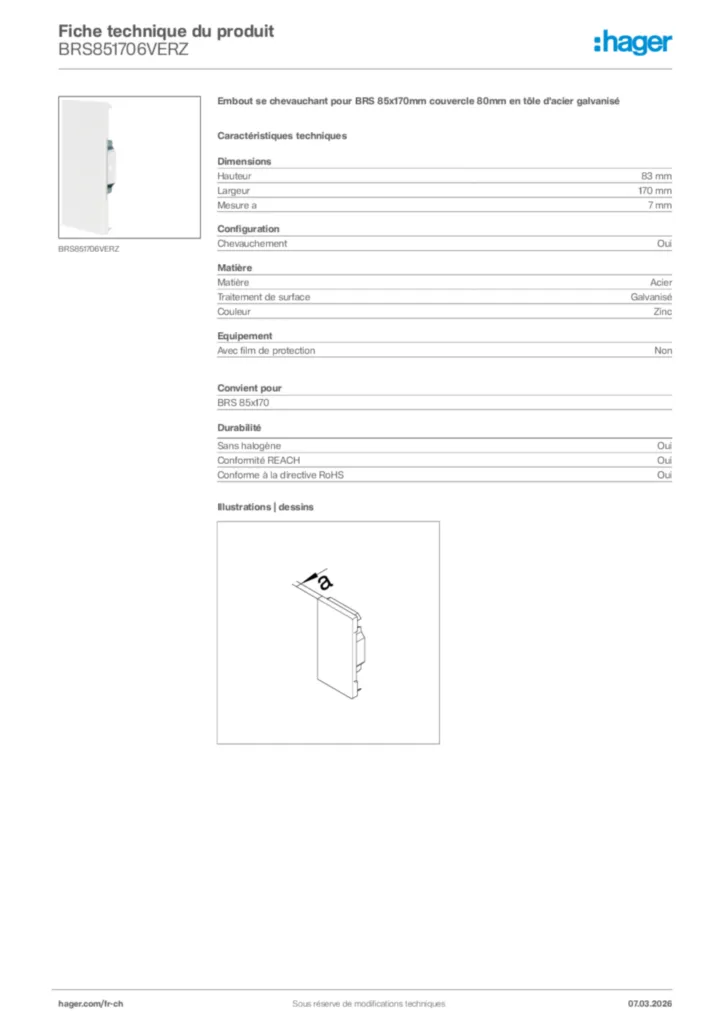 Image Hager Fiche technique du produit BRS851706VERZ | Hager Suisse