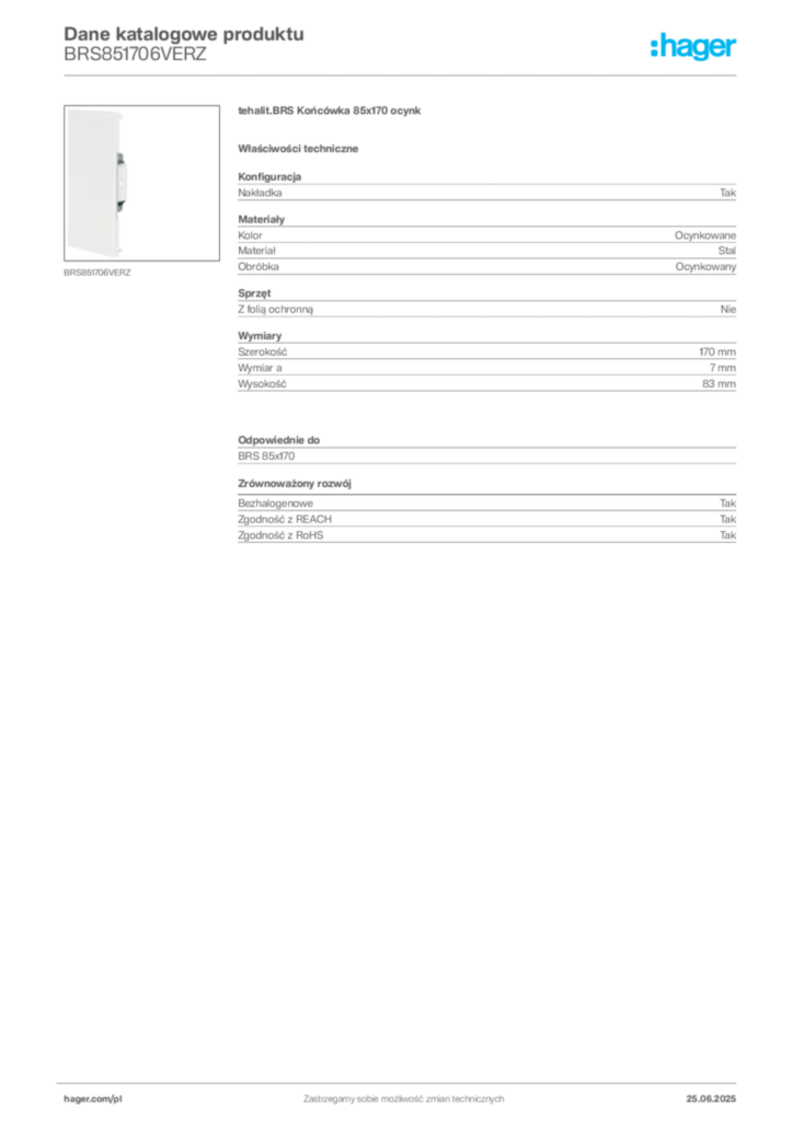 Zdjęcie Hager Karta katalogowa BRS851706VERZ | Hager Polska