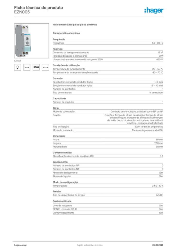 Imagem Hager Ficha técnica do produto EZN005 | Hager Portugal