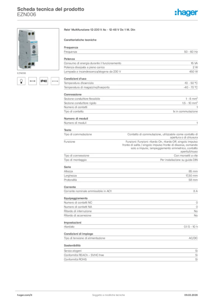 Immagine Hager Scheda tecnica del prodotto EZN006 | Hager Italia