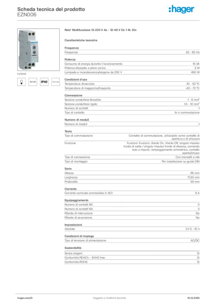 Immagine Hager Scheda tecnica del prodotto EZN006 | Hager Italia