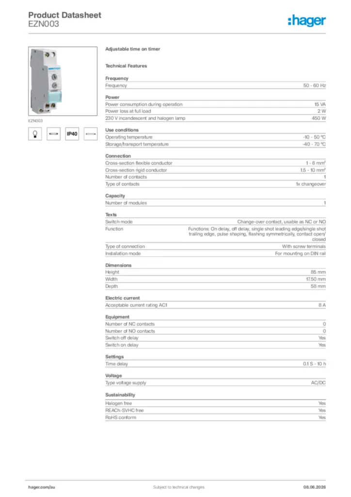Image Hager Product data sheet EZN003  | Hager Australia