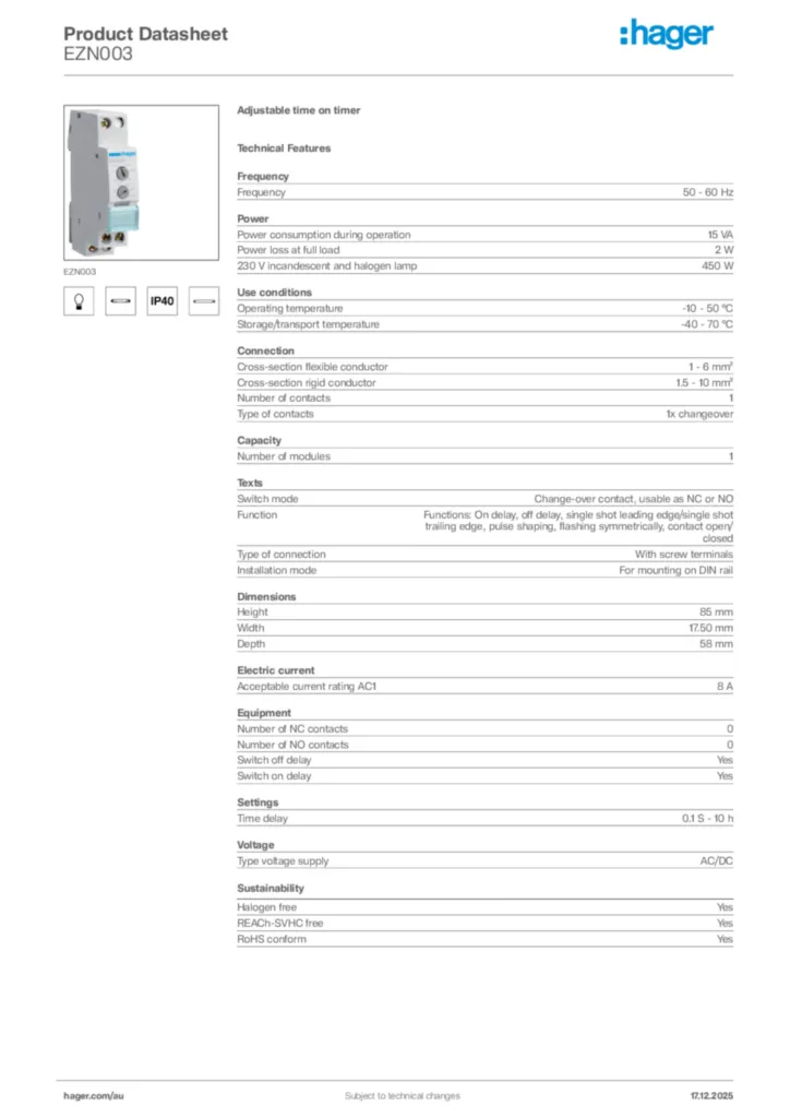 Image Hager Product data sheet EZN003  | Hager Australia