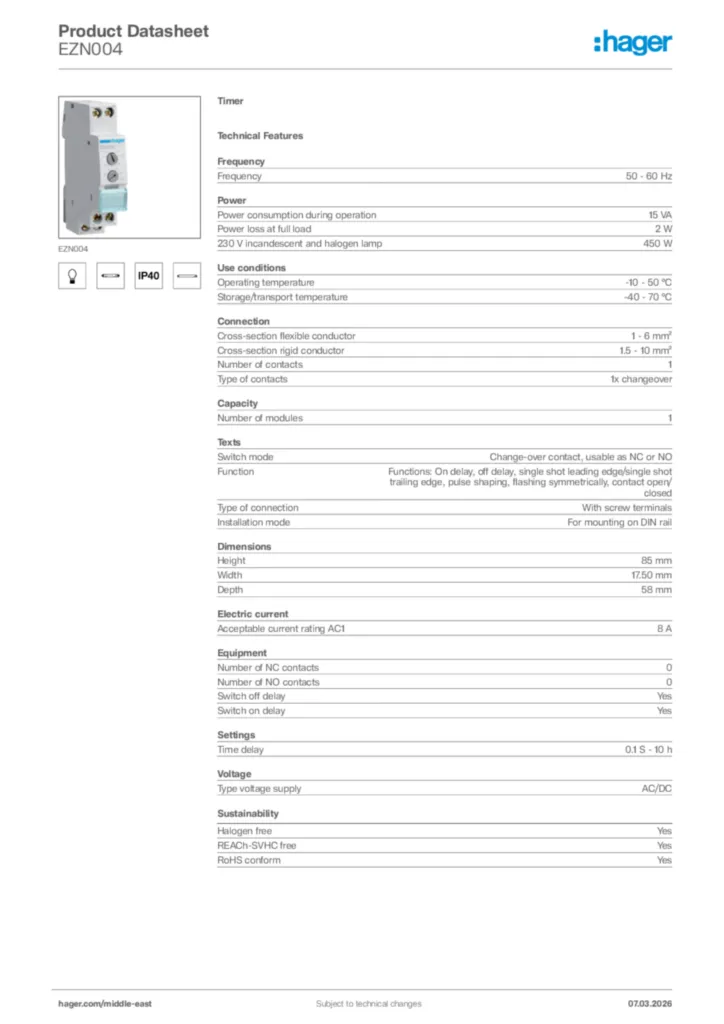 Image Hager Product data sheet EZN004  | Hager