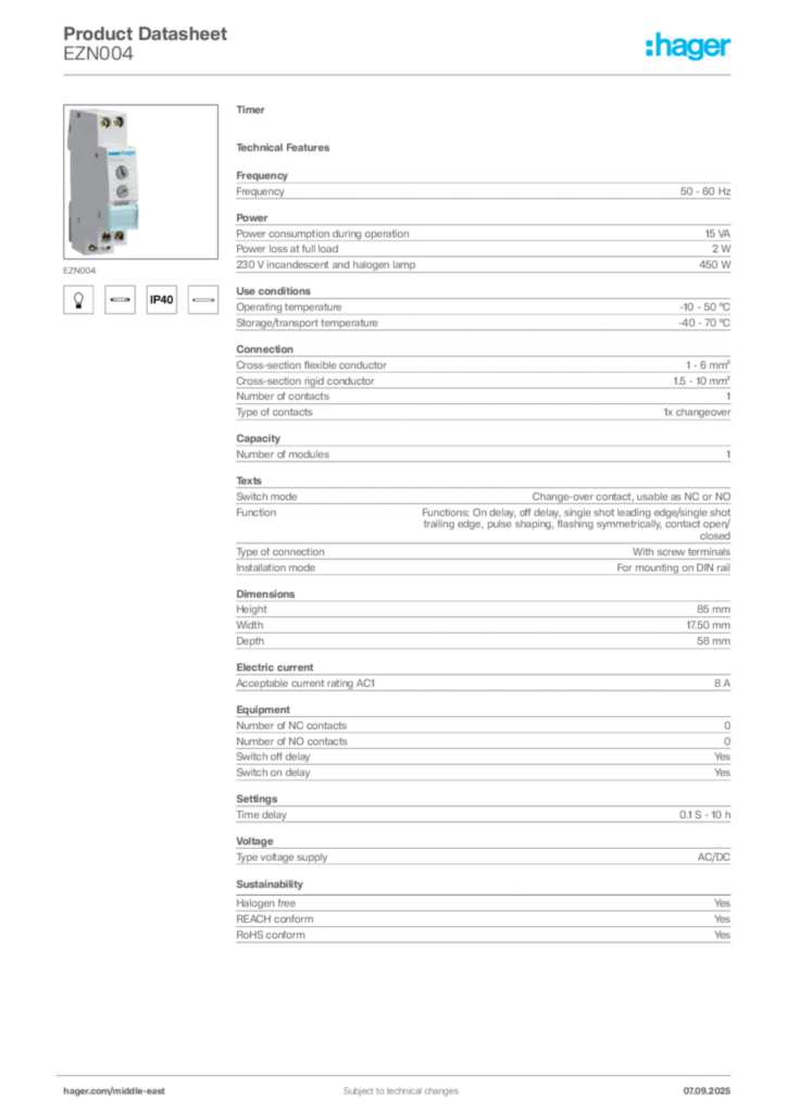 Image Hager Product data sheet EZN004  | Hager