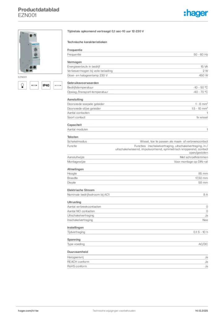 Afbeelding Hager Productdatablad EZN001 | Hager Belgium