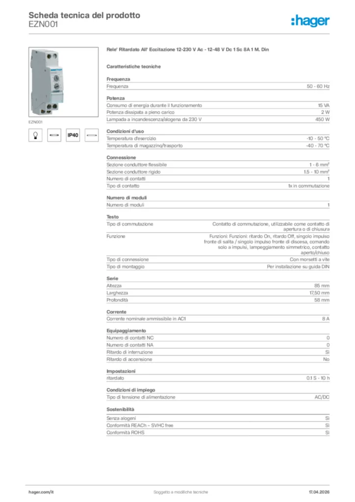 Immagine Hager Scheda tecnica del prodotto EZN001 | Hager Italia