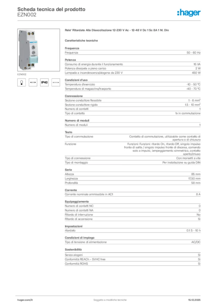 Immagine Hager Scheda tecnica del prodotto EZN002 | Hager Italia