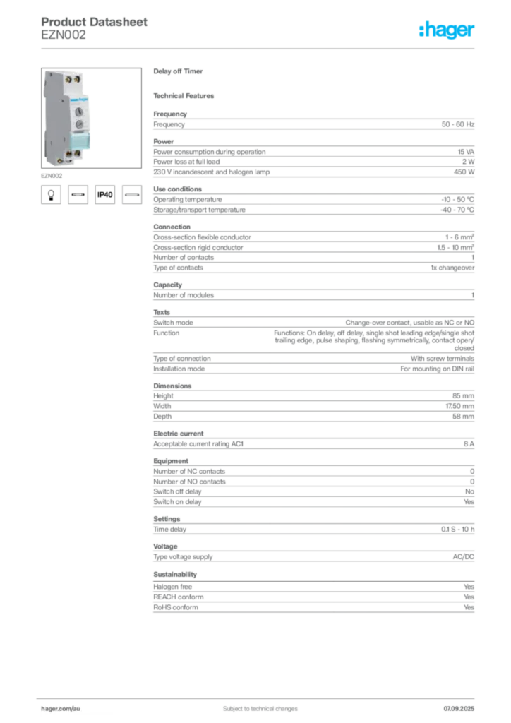 Image Hager Product data sheet EZN002  | Hager Australia