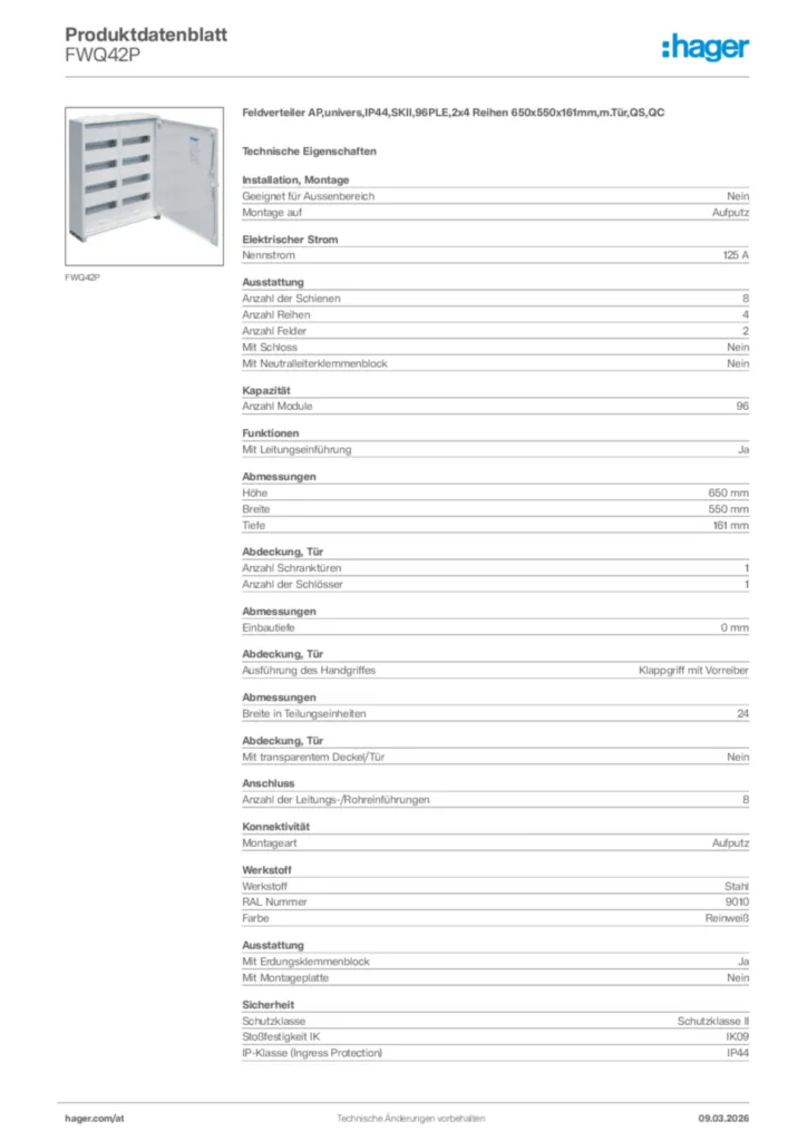 Bild Hager Produktdatenblatt FWQ42P | Hager Deutschland