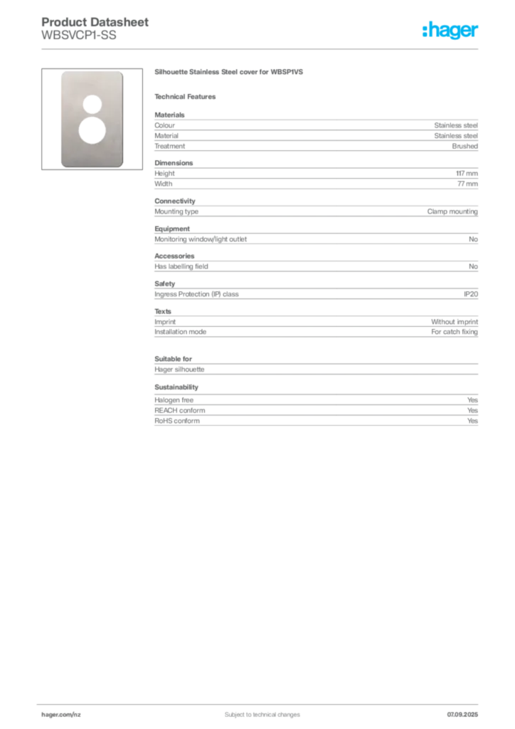 Image Hager Product data sheet WBSVCP1-SS  | Hager New Zealand