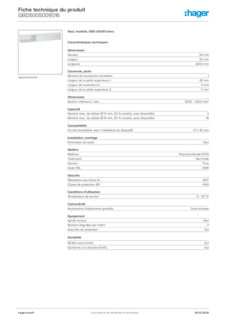 Image Hager Fiche technique du produit GBD5005009016 | Hager France
