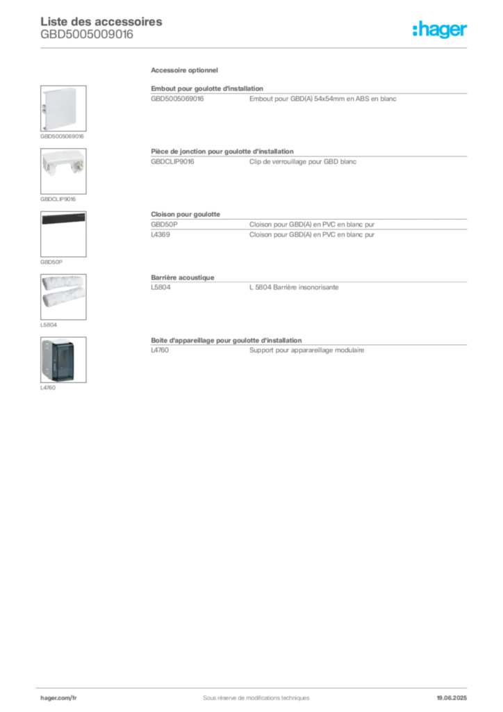 Image Hager Fiche technique du produit GBD5005009016 | Hager France