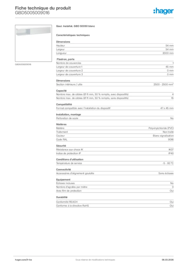 Image Hager Fiche technique du produit GBD5005009016 | Hager Belgique