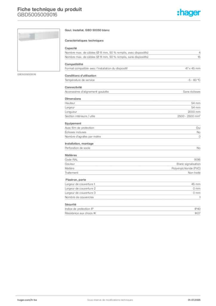 Image Hager Fiche technique du produit GBD5005009016 | Hager Belgique