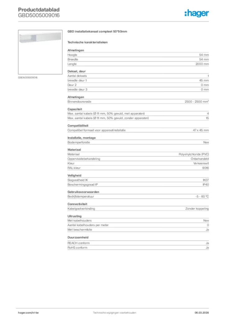 Afbeelding Hager Productdatablad GBD5005009016 | Hager Belgium
