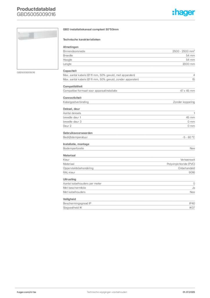 Afbeelding Hager Productdatablad GBD5005009016 | Hager Belgium