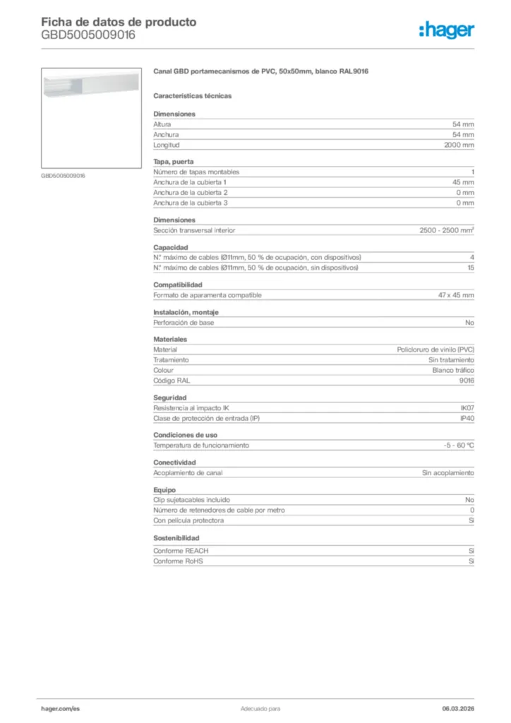Imagen Hager Ficha de datos de producto GBD5005009016 | Hager España