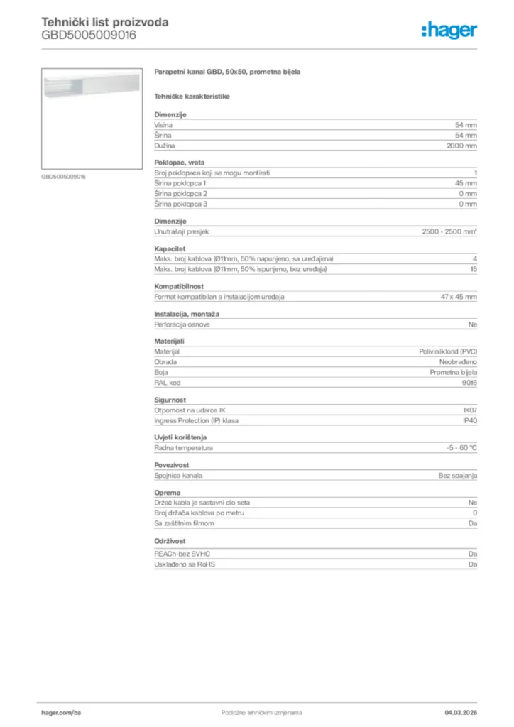 Slika Hager Tehnički list proizvoda GBD5005009016  | Hager