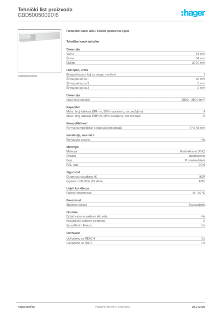Slika Hager Product data sheet GBD5005009016  | Hager