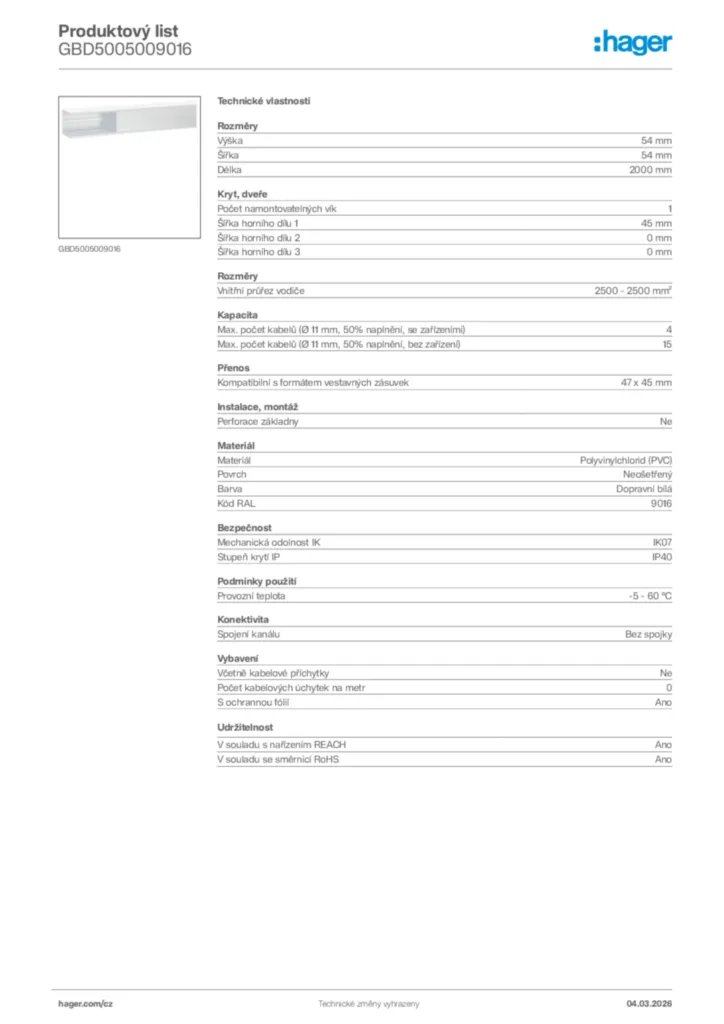 Obrázek Hager Product data sheet GBD5005009016 | Hager