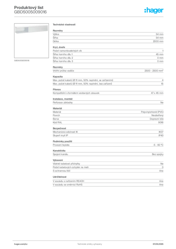 Obrázek Hager Produktový list GBD5005009016 | Hager