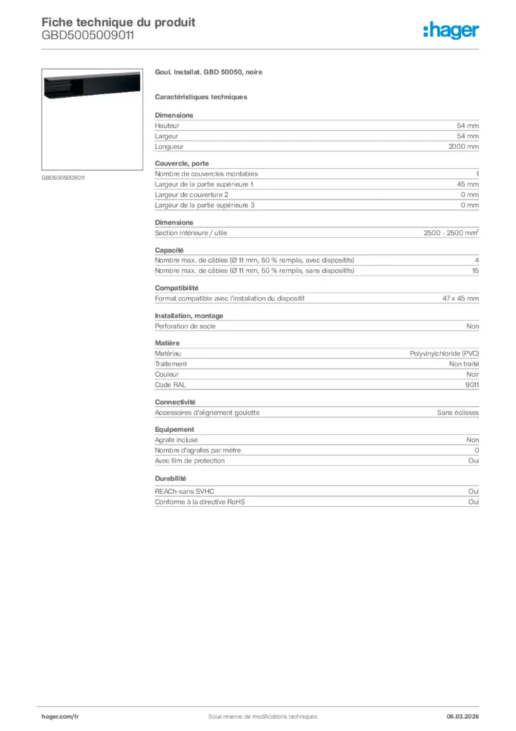 Image Hager Fiche technique du produit GBD5005009011 | Hager France