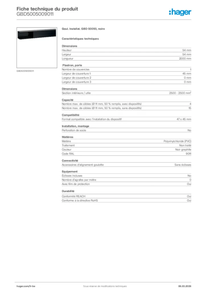Image Hager Fiche technique du produit GBD5005009011 | Hager Belgique