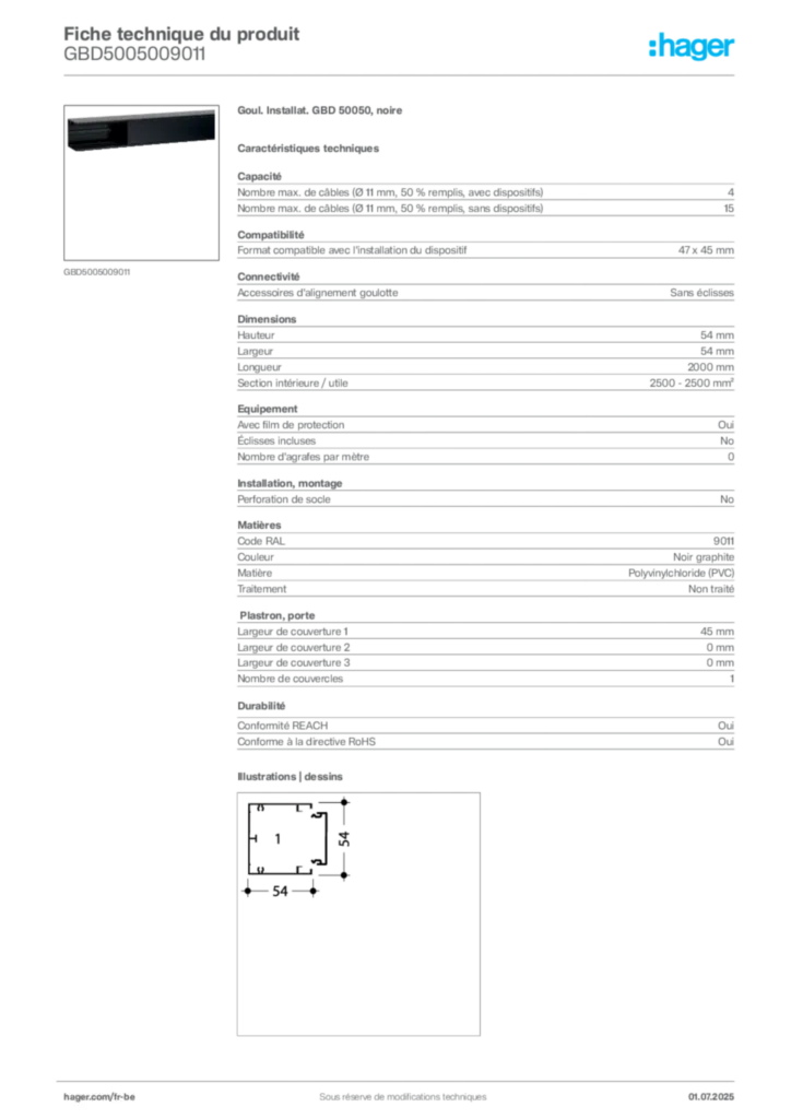 Image Hager Fiche technique du produit GBD5005009011 | Hager Belgique