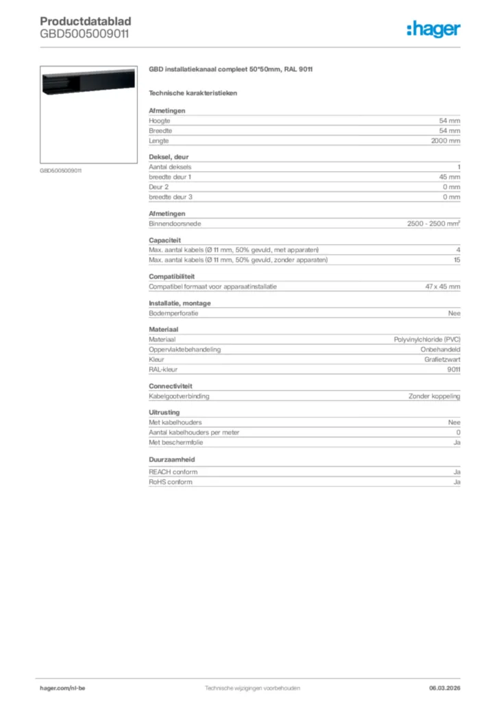 Afbeelding Hager Productdatablad GBD5005009011 | Hager Belgium