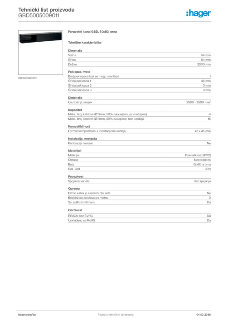 Slika Hager Tehnički list proizvoda GBD5005009011  | Hager