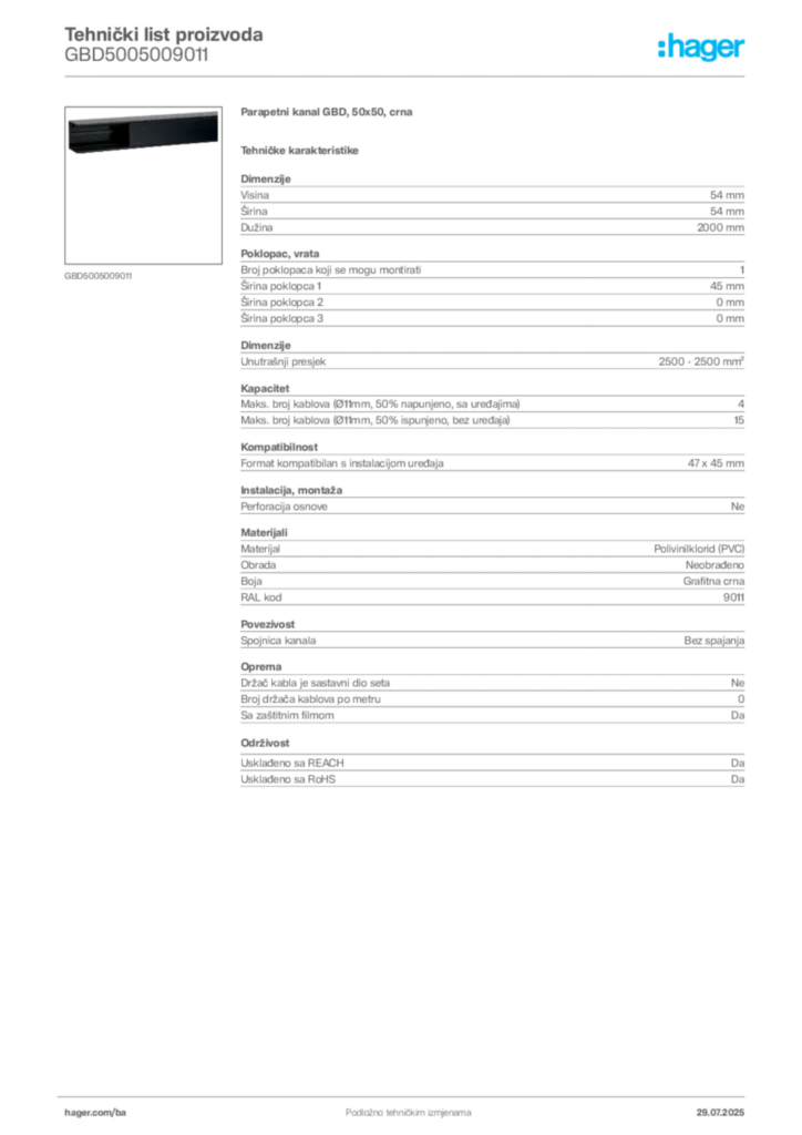 Slika Hager Product data sheet GBD5005009011  | Hager
