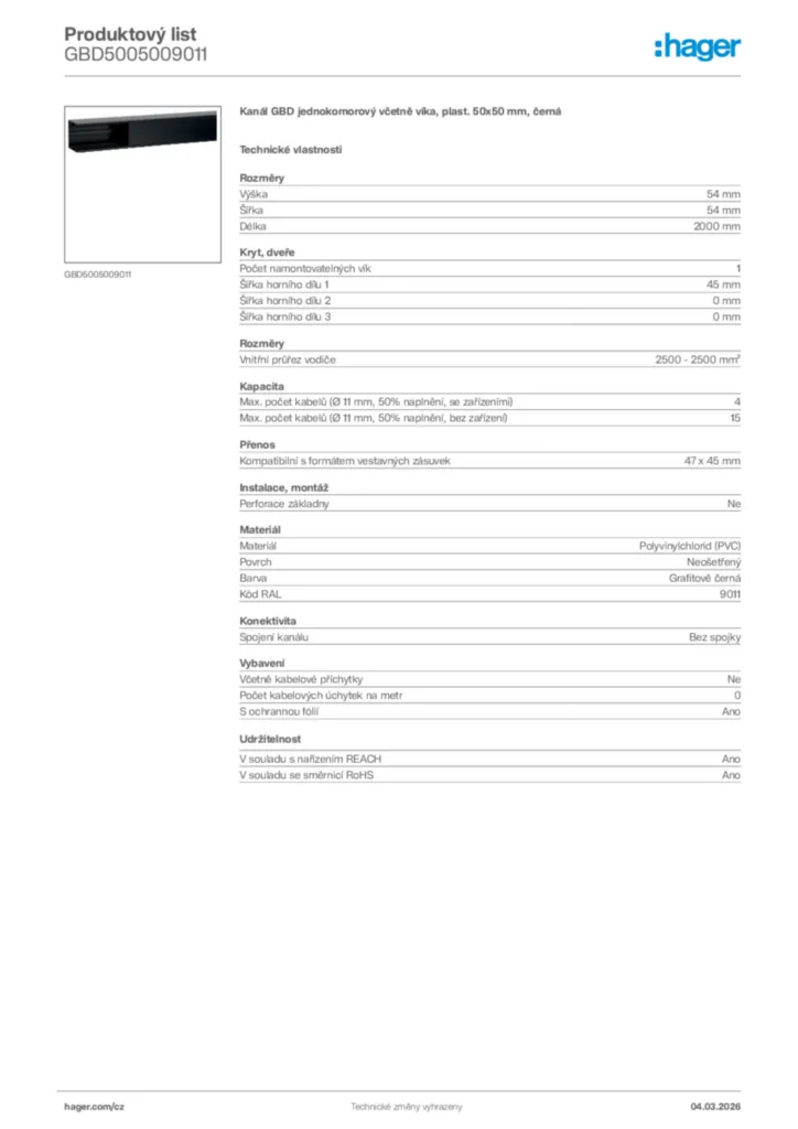 Obrázek Hager Product data sheet GBD5005009011 | Hager