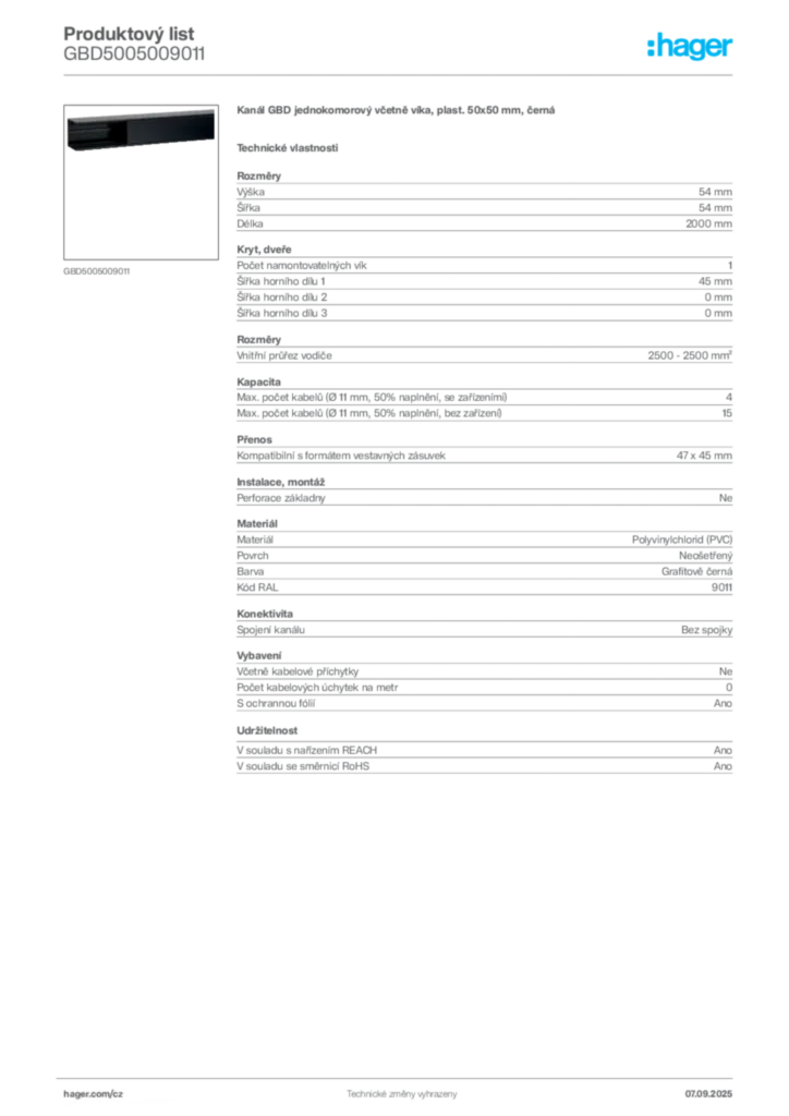 Obrázek Hager Produktový list GBD5005009011 | Hager