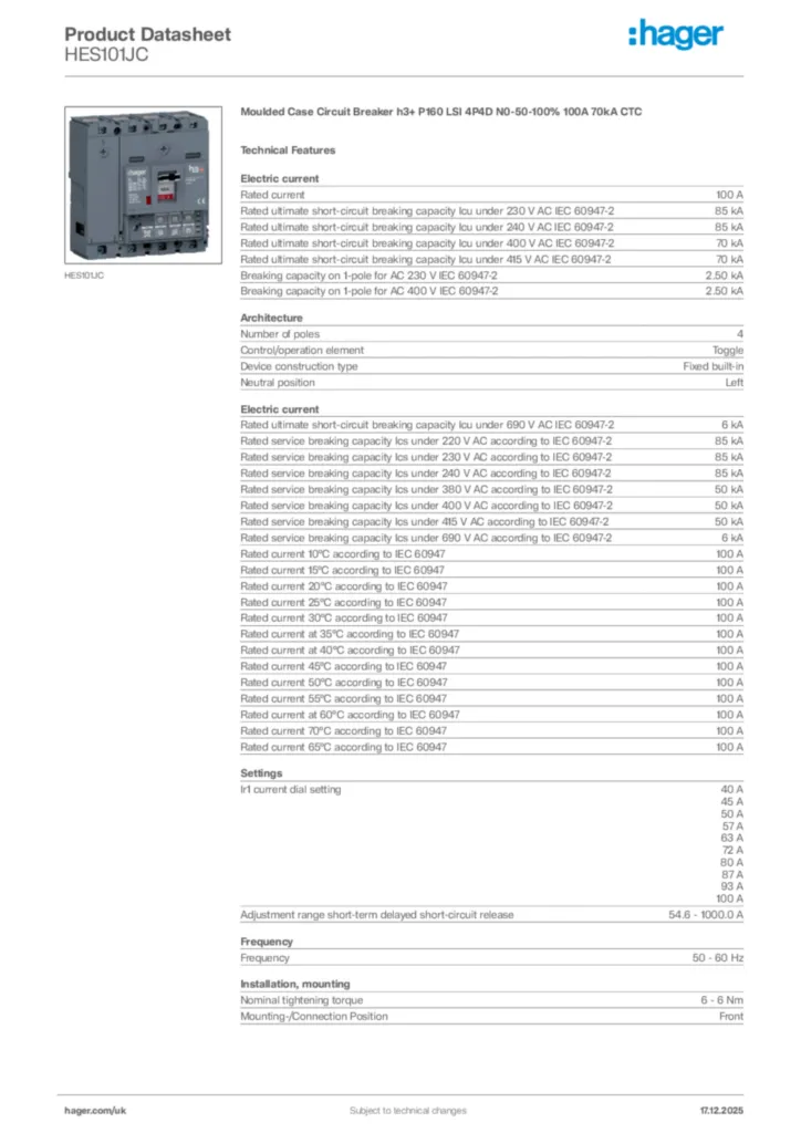 Image Hager Product data sheet HES101JC  | Hager