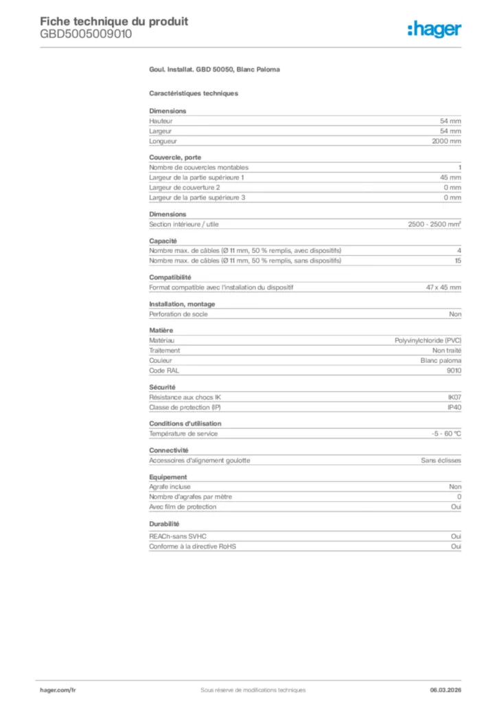 Image Hager Fiche technique du produit GBD5005009010 | Hager France