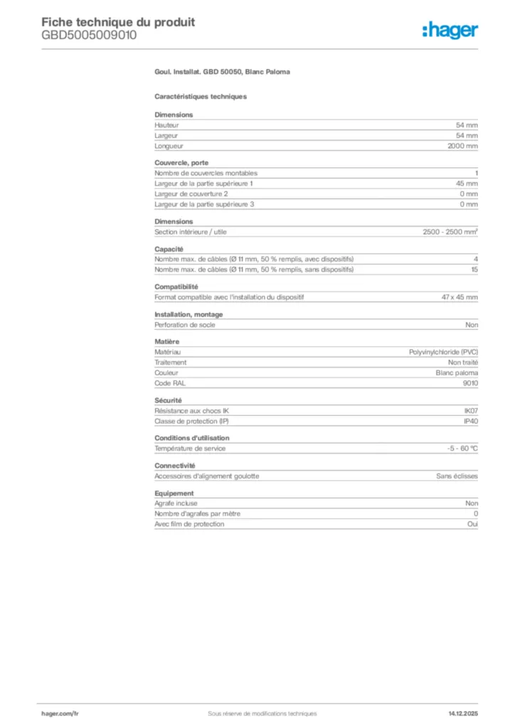 Image Hager Fiche technique du produit GBD5005009010 | Hager France